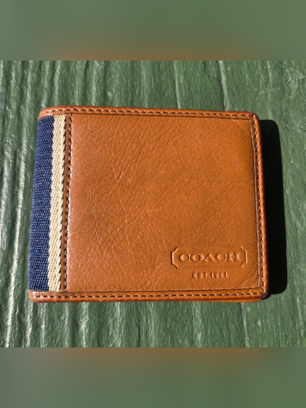 COACH Men's Tan Leather Bifold Wallet with Stripe Accent